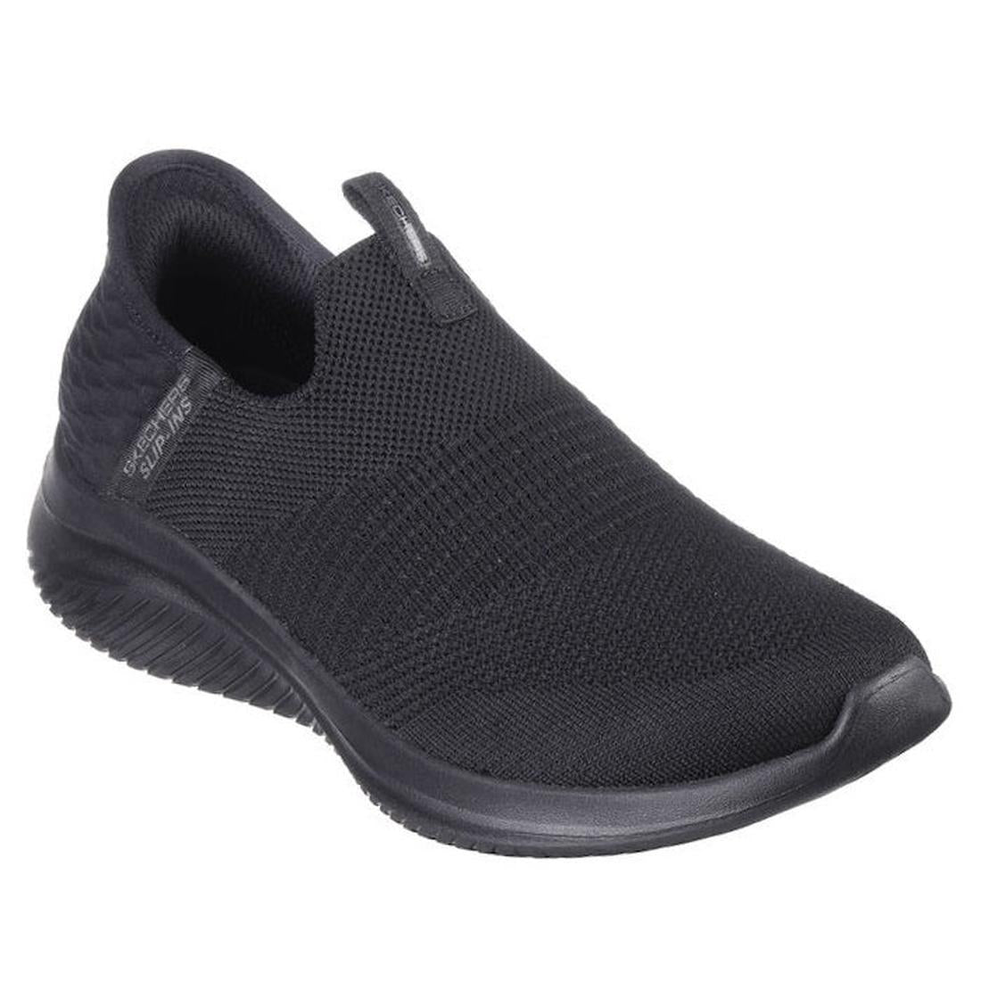 Skechers Ultra Flex 3.0 Slip In Cozy Streak Black is a comfy slip-on sneaker with a stretchy black knit upper and cushioned rubber sole.  ksnz