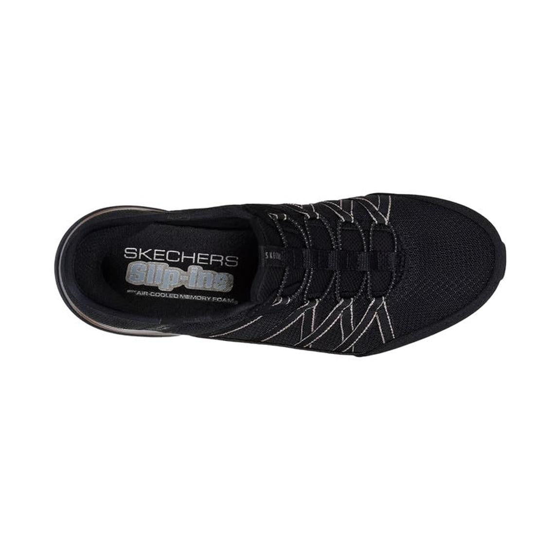 Top view of the Skechers Womens Breathe Easy Exhilarate Lumina Slip In Black Trainer, featuring white stitching, elastic laces, and Air-Cooled Memory Foam branding on the insole., 197976980204, 197976980228, 197976980242, 197976980266, 197976980280, 19797