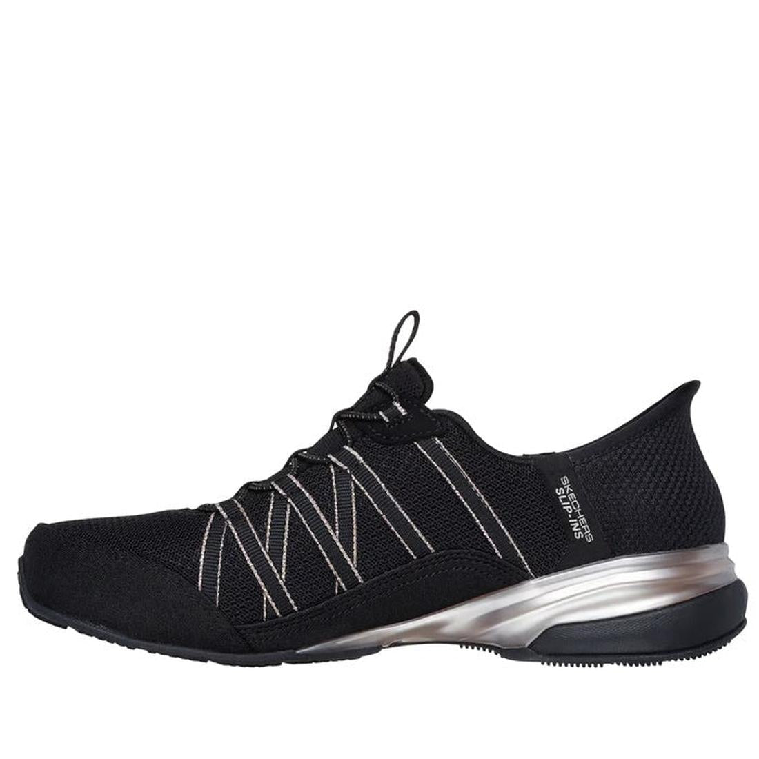 The Skechers Womens Breathe Easy Exhilarate Lumina Slip In Black Trainer features a black mesh upper, white diagonal stripe accents, metallic silver heel, Air-Cooled Memory Foam comfort, low profile lace-up design, and a textured black sole., 197976980204