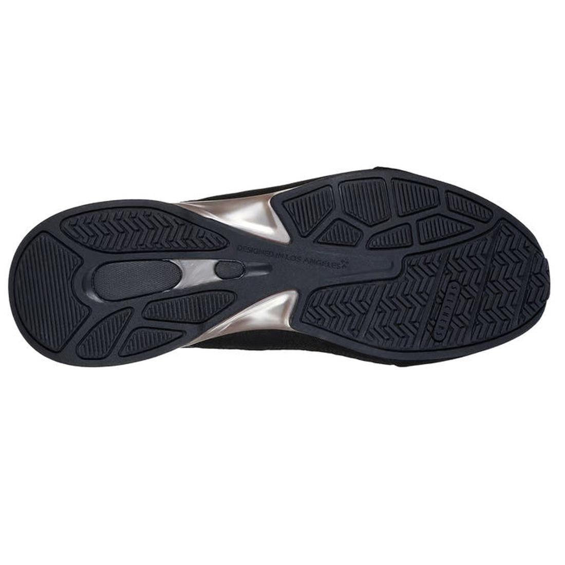 Outsole of the Skechers Womens Breathe Easy Exhilarate Lumina Slip In Black Trainer seen from below, showing textured tread for grip and support, a slightly raised central area, and "Hands Free Slip-ins" branding near the toe., 197976980204, 197976980228,