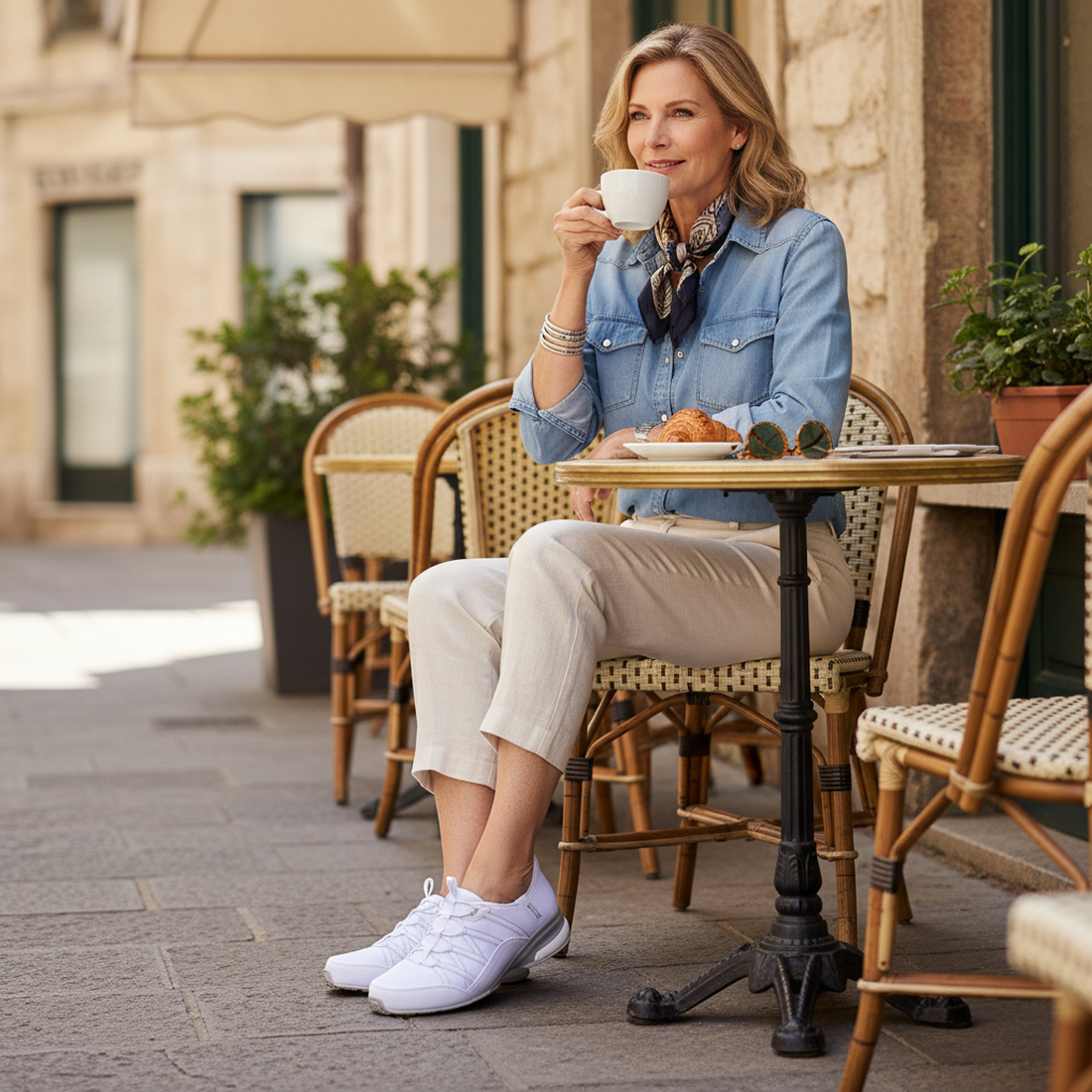 A woman enjoys coffee at an outdoor café, smiling in a light denim shirt and beige pants. On her feet: Skechers Womens Breathe Easy Exhilarate Lumina Slip In White Sneakers with Air-Cooled Memory Foam, adding comfort to the stylish setting., 199252473776,