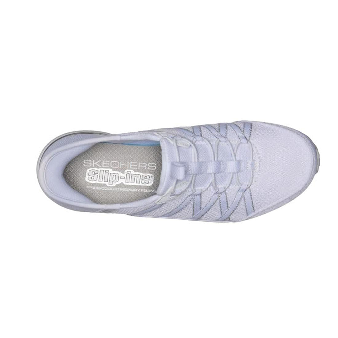 Top view of the Skechers Womens Breathe Easy Exhilarate Lumina Slip In White Sneaker with a mesh upper, visible stitching, elastic laces, Air-Cooled Memory Foam comfort, and Skechers Slip-ins branding on the silver insole., 199252473776, 199252473790, 199