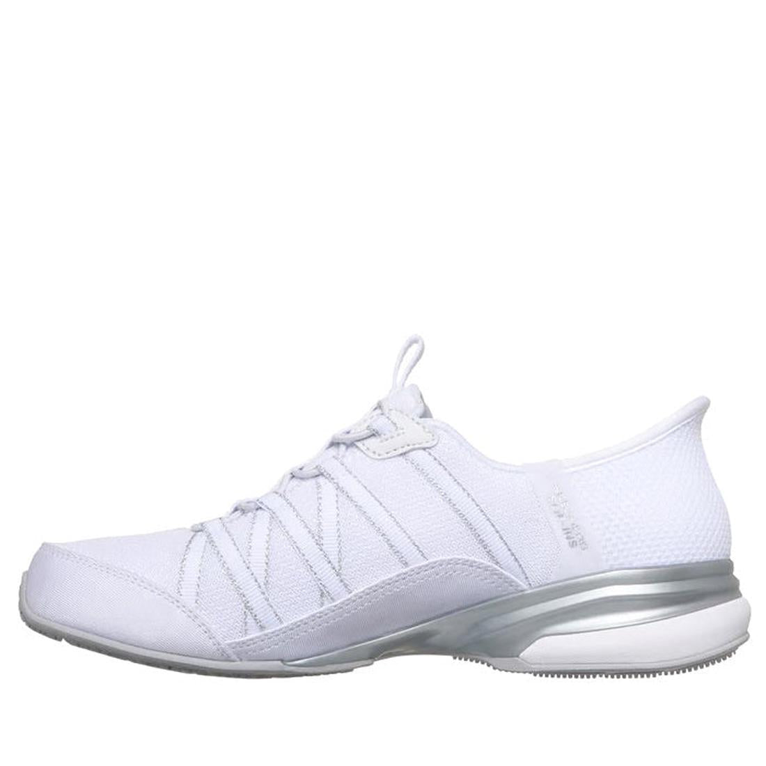 The Skechers Womens Breathe Easy Exhilarate Lumina Slip In White Sneaker is a low-profile, lightweight athletic shoe with white laces, mesh upper, silver midsole accents, and an Air-Cooled Memory Foam insole, shown in a side view on a white background., 1