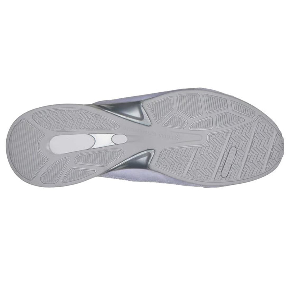 The image shows the outsole of a white Skechers Womens Breathe Easy Exhilarate Lumina Slip In sneaker, featuring varied textured patterns with wavy, zigzag, and linear grooves designed for traction and grip., 199252473776, 199252473790, 199252473813, 1992