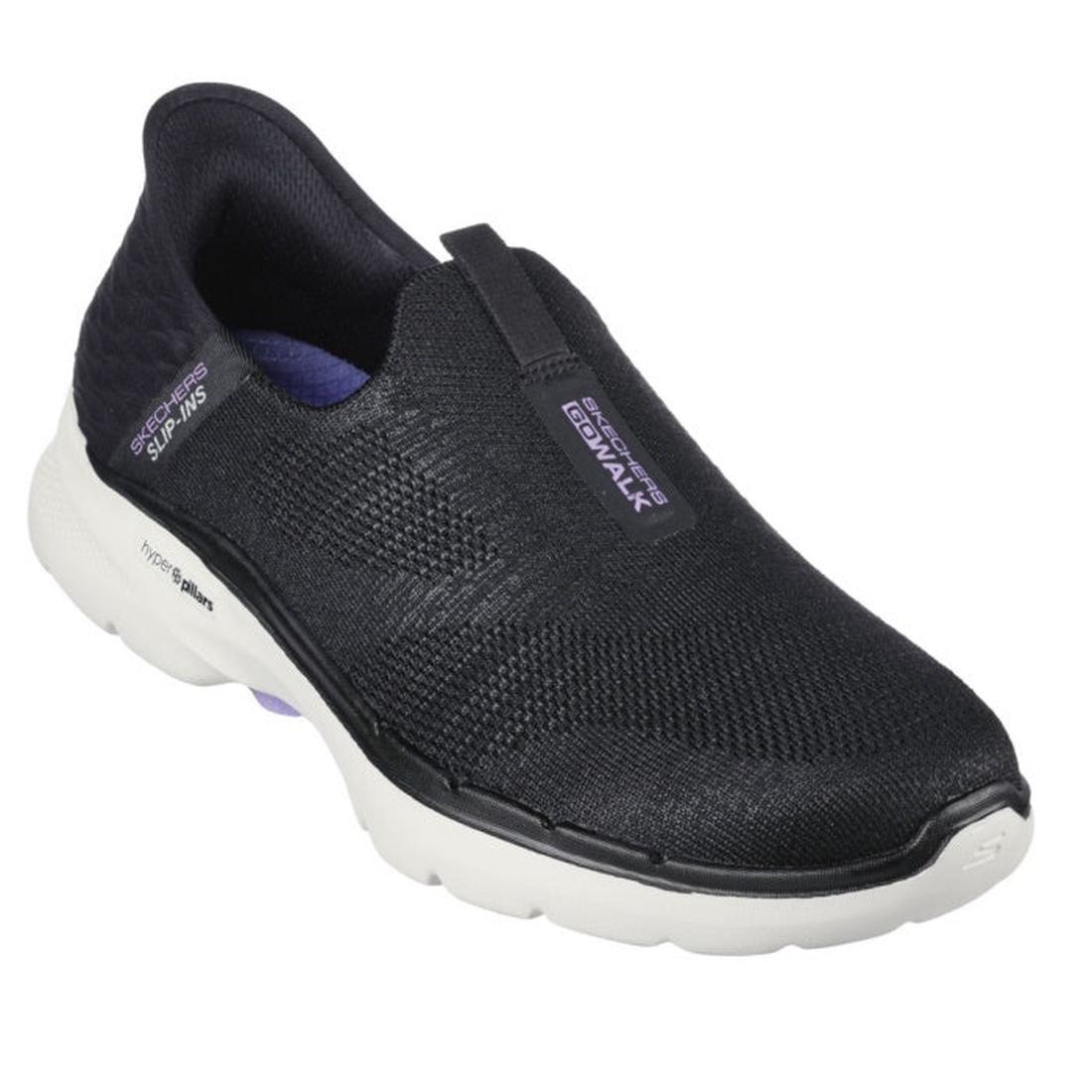 Skechers Go Walk 6 Fabulous View Slip-Ins in black, an easy slip-on shoe with a comfy white sole and soft purple insole detail.  ksnz