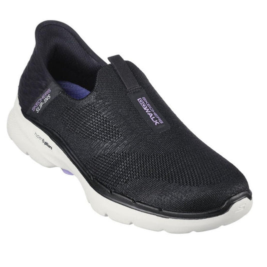 Skechers Go Walk 6 Fabulous View Slip-Ins in black, an easy slip-on shoe with a comfy white sole and soft purple insole detail.  ksnz