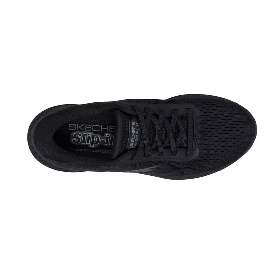 Top view of a black Skechers Womens Slip Ins Go Walk Now Khloe sneaker with black laces, mesh upper, Skechers Slip-Ins branding on insole and tongue, and ULTRA LIGHT cushioning for all-day comfort., 49289, 198376580186, 198376580209, 198376580223, 1983765
