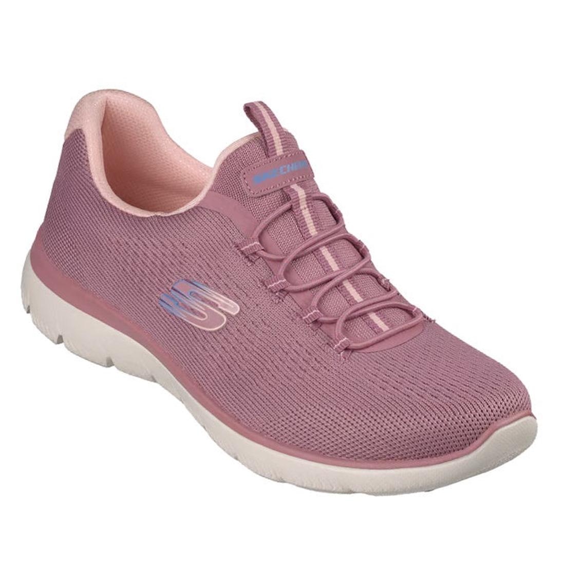 The Skechers Womens Summits Bungee Slip On Trainer - Radiant Flow Dark Rose features a mauve pink mesh upper, elastic laces, memory foam insole, white sole, subtle “S” side logo, and light pink inner lining.