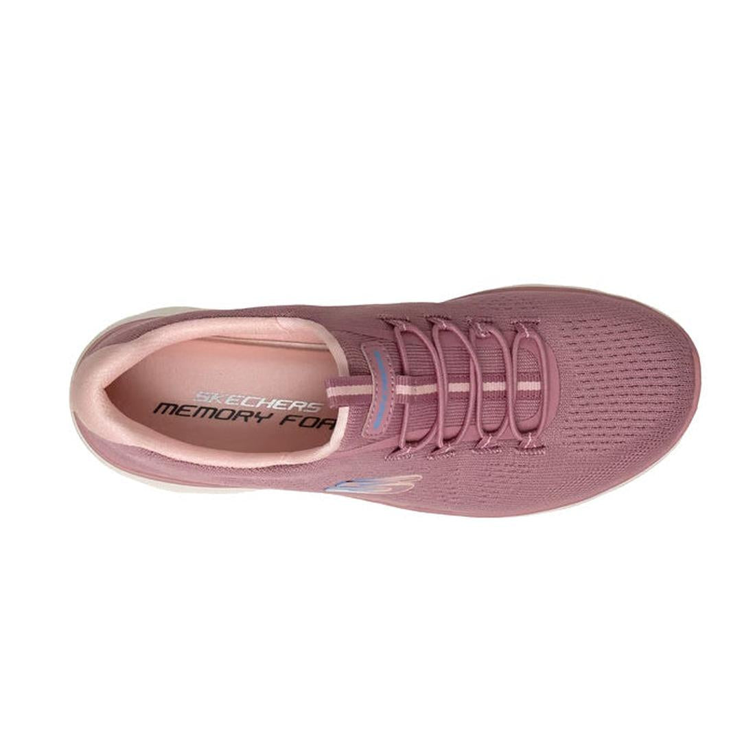 Top view of the Skechers Womens Summits Bungee Slip On Trainer - Radiant Flow Dark Rose, featuring a mauve mesh upper, elastic laces, and a memory foam insole with Skechers Memory Foam branding., 50182, 50183, 199025685801, 50185, 199025685825, 50187, 199