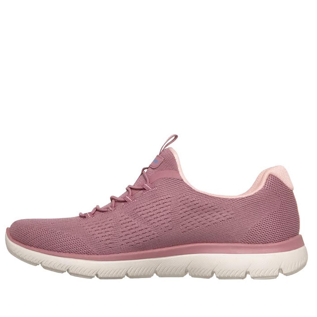 The Skechers Womens Summits Bungee Slip On Trainer - Radiant Flow Dark Rose is a pink mesh low-cut sneaker with light pink lining, a white sole, and a memory foam insole for comfort, shown from the side on a white background., 50182, 50183, 199025685801, 