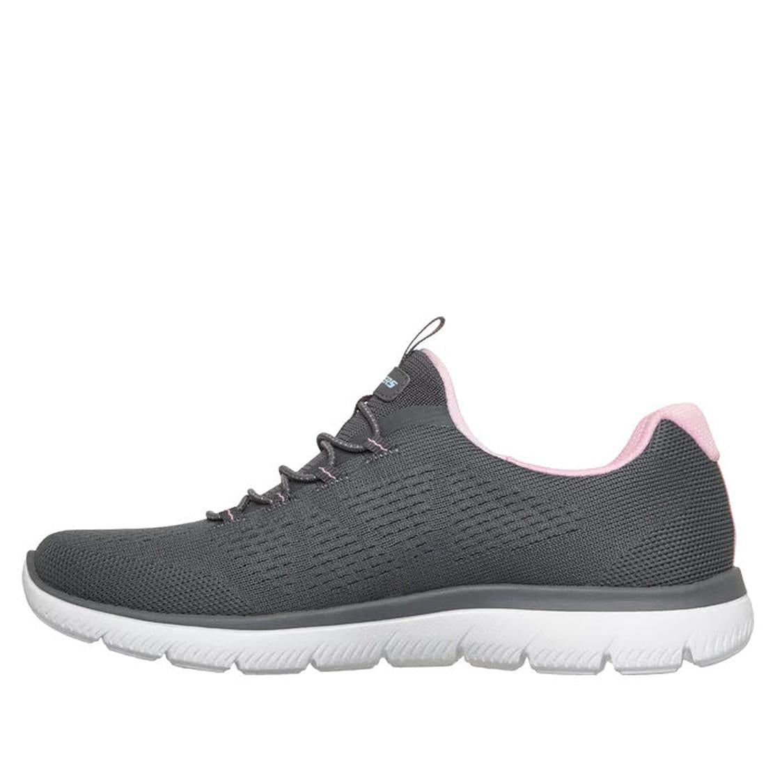 The Skechers Womens Summits Bungee Slip On Trainer - Radiant Flow Charcoal Pink is a gray athletic sneaker with an engineered knit upper, light pink inner lining and accents, plus a thick white grooved sole, shown in left-side profile view., 50192, 50193,