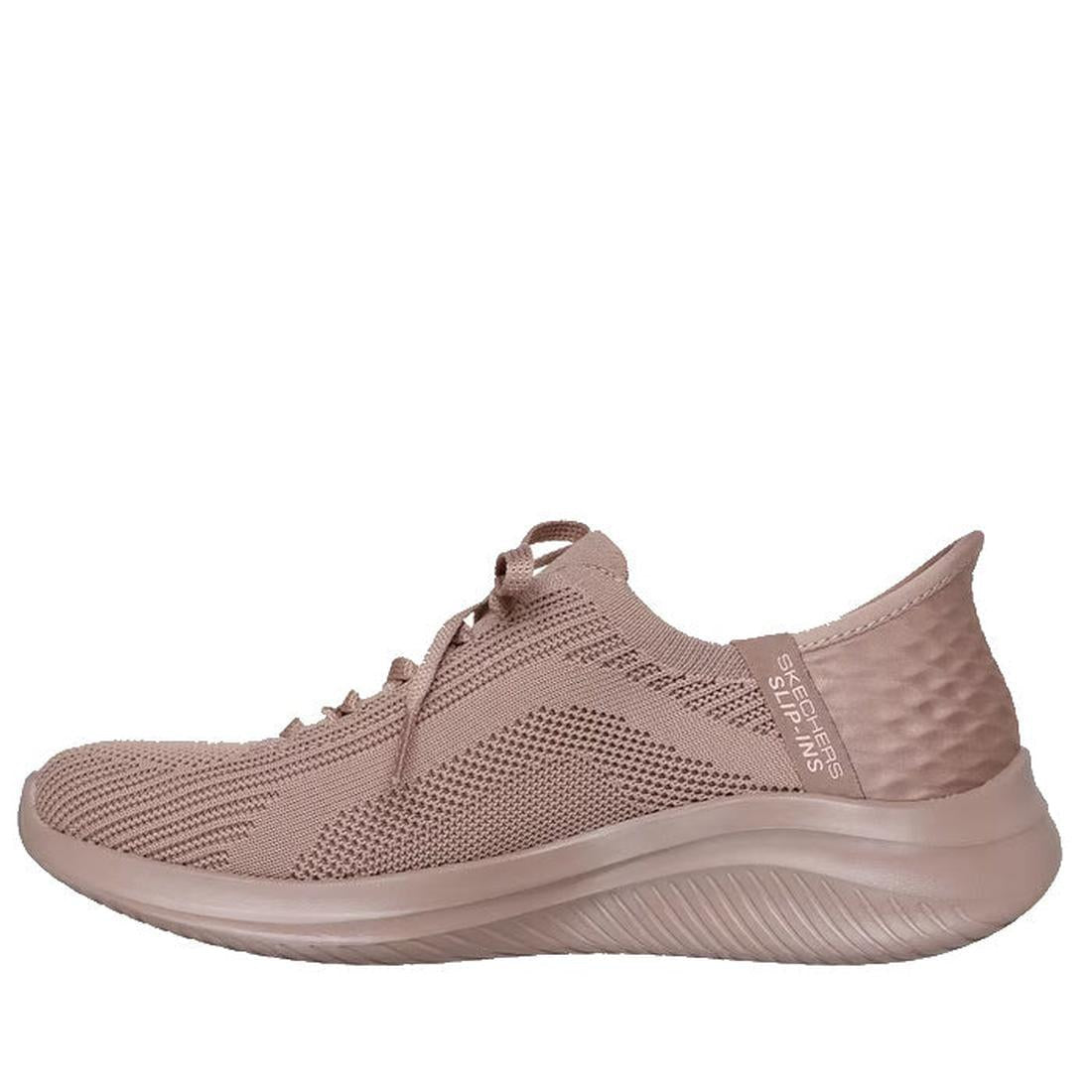 The Skechers Ultra Flex 3.0 Pure Color SLIP INS in Dark Taupe features a light brown knit upper, lace-up front, textured sole, Hands Free Slip-ins branding on the heel, and Air-Cooled Memory Foam. Shown from a left side profile on a white background., 198