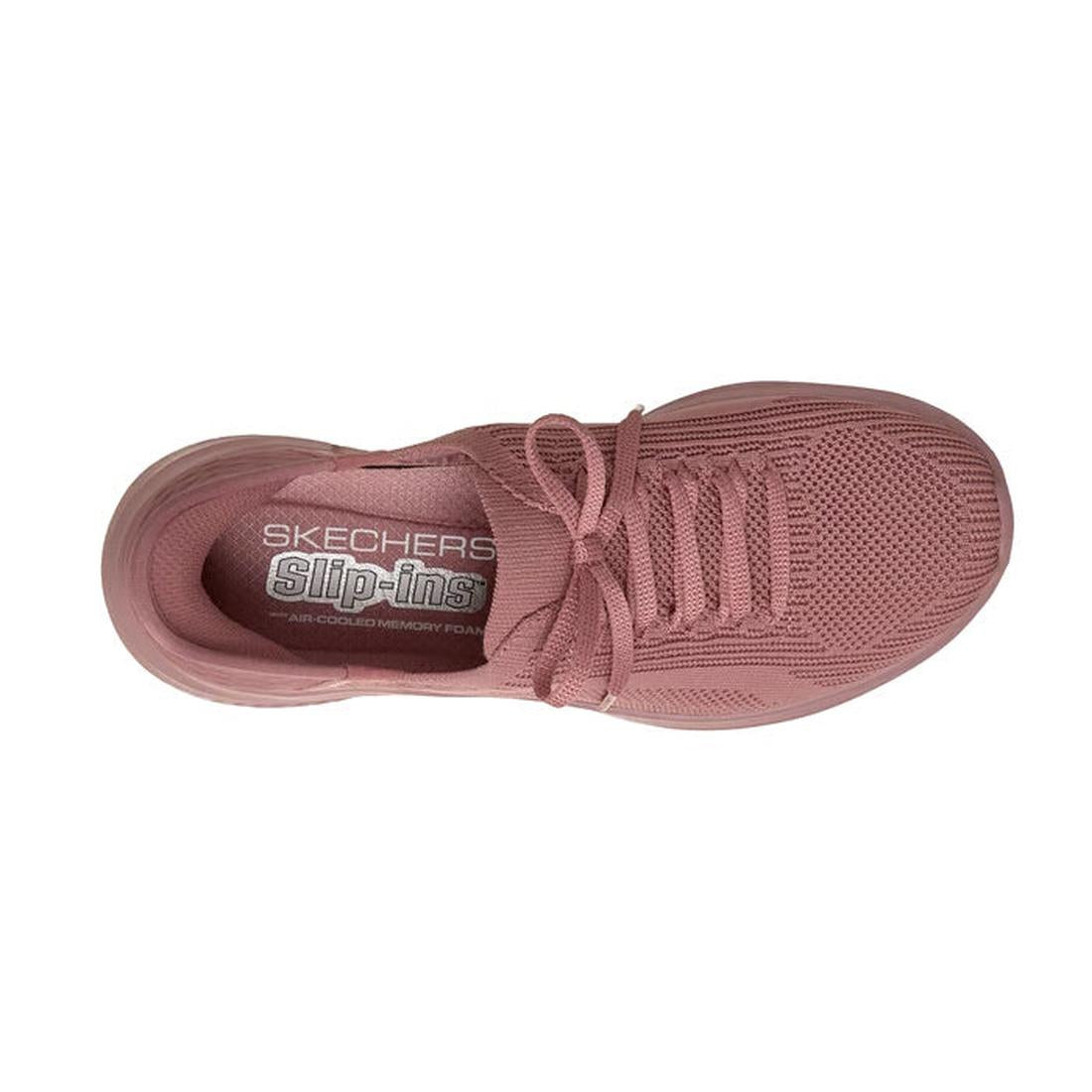 Top view of the Skechers Ultra Flex 3.0 Pure Color SLIP INS in mauve, featuring a knitted Stretch Fit upper, tied laces, and visible Air-Cooled Memory Foam on the insole., 49623, 49624, 198739892550, 49626, 198739892574, 49628, 198739892598, 49630, 198739