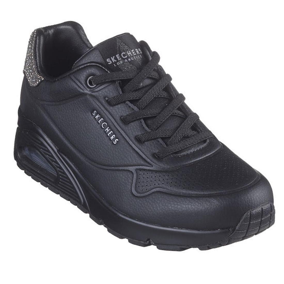 Skechers - Uno Dazzle Away Womens Sneakers in black, with comfy textured sole, lace-up closure, cool studs, and Air-Cooled Memory Foam.  ksnz