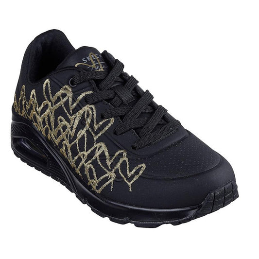 Skechers Uno Golden Heart X JGoldcrown Black Gold sneaker with gold heart accents, sturdy black laces, and comfy cushioned sole.  ksnz