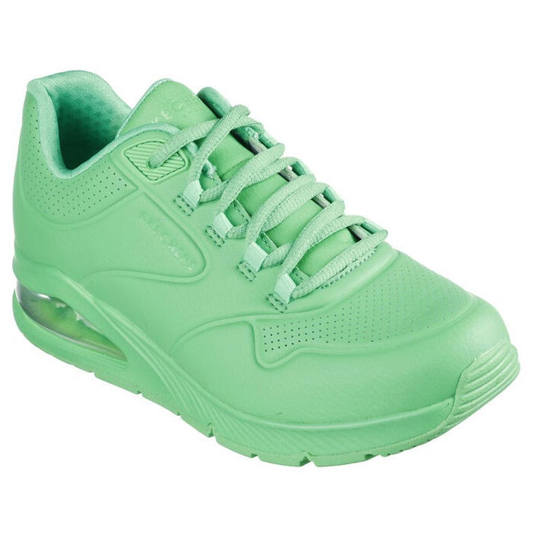 Skechers Uno 2 Great Kolor Neon Lime Trainer in bright green, a comfy sneaker with air-cushioned sole and easy lace-up closure.  ksnz