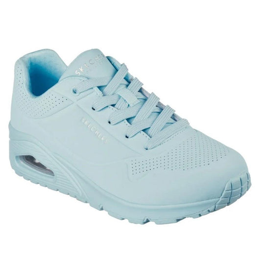 Skechers Uno Stand On Air Women's Trainer in soft blue, with cushioned air heel, breathable design, sturdy sole, and secure laces.  ksnz