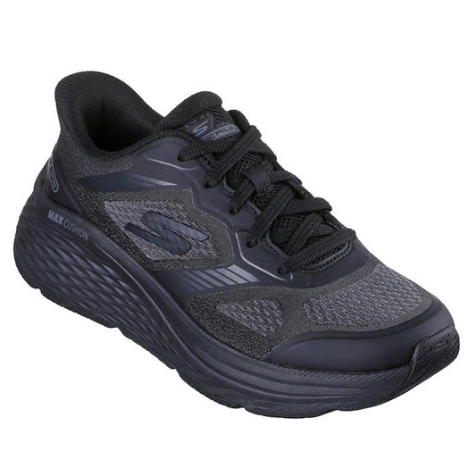 The Skechers Slip In Max Cushioning Elite 2.0 Leigh Black Trainer features a mesh upper, black laces, S logo, and a thick cushioned sole with Air-Cooled Memory Foam for superior comfort.