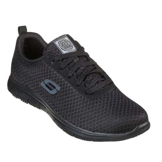 Skechers All Black Ghenter Bronaugh is a women’s lace-up work shoe with mesh upper, comfy memory foam, and slip-resistant sole.  ksnz