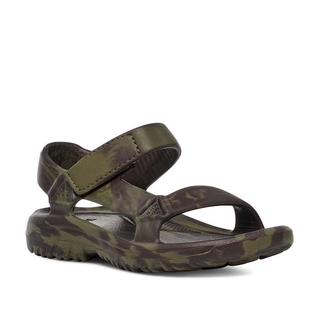 The Teva Kids K Hurricane Drift Huemix Olive Swirl is a boys’ waterproof sandal with a green and brown camouflage pattern, thick lightweight EVA sole, open toe, and two adjustable straps for comfort.