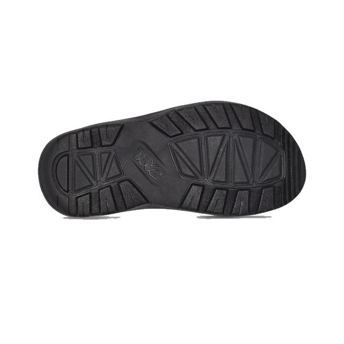 The Teva Kids - K Hurricane XLT2 Girls Active Sandal features a black rubber sole with geometric-patterned tread for traction, "LOVE" embossed at the center, made from recycled materials. Photo on a plain white background., 194715400955, 194715401006, 194