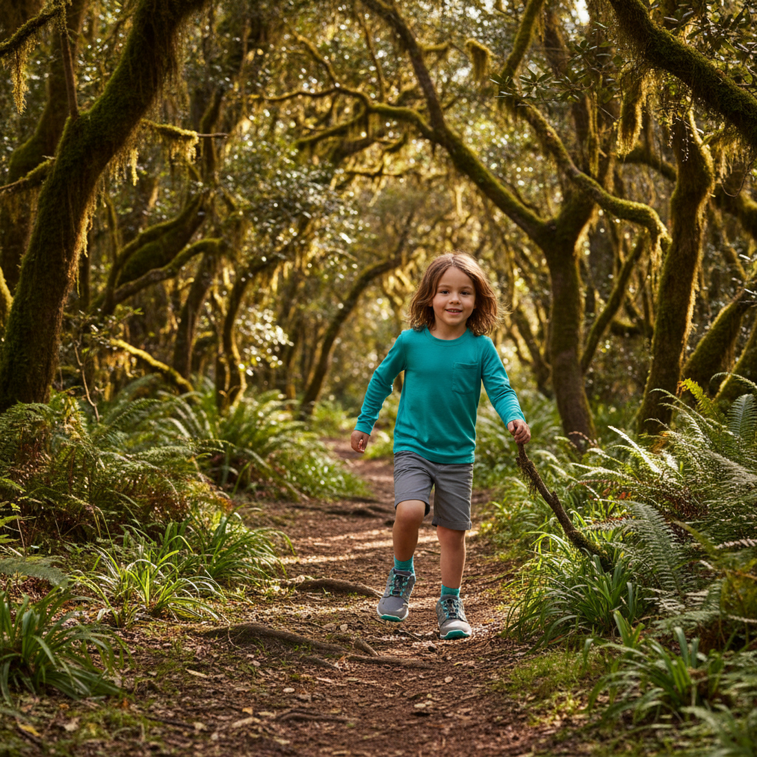 A child in teal and gray explores nature paths in the Teva Kids K Canyonview Mid Waterproof Hiker boots—grey, rugged soles, easy hook-and-loop straps.  ksnz