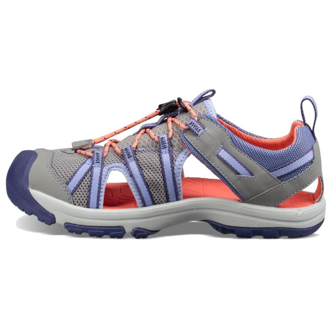 The Teva Girls K Manatee Wild Dove Grey Closed Toe Sandal (US 11-7) features gray and purple colors, pink accents, mesh panels, elastic laces, a soft molded footbed, and a rugged sole—ideal for active outdoor use., 191142484282, 191142484251, 191142484237