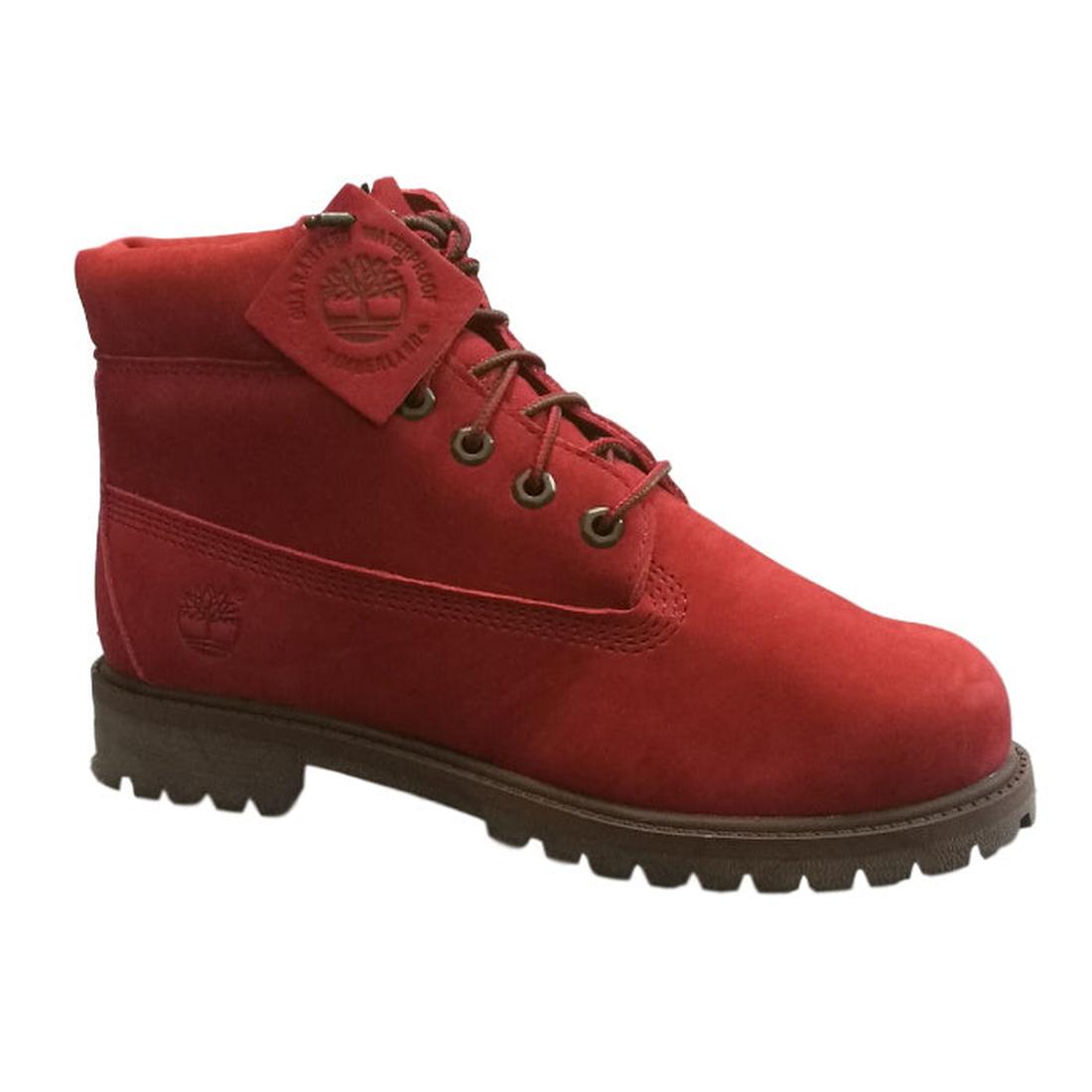 Dark red suede Timberland boot with brown laces and a rugged sole.