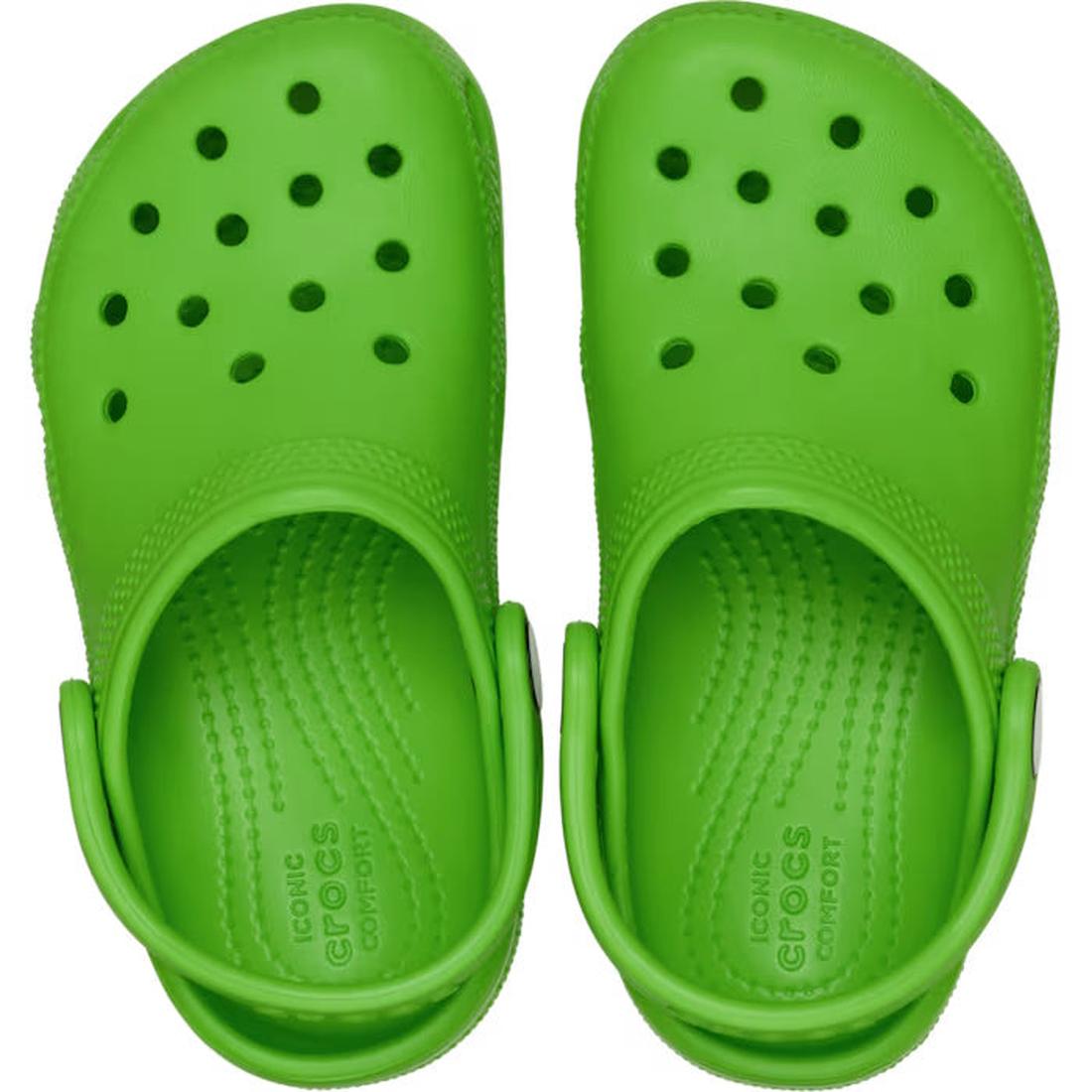 The Crocs Kids Toddlers Classic Clog in Bright Green, shown from above, are water-friendly toddler shoes with ventilation holes and adjustable heel straps., 49816, 49817, 49818, 49819, 49820, 49821, 49816, 198445337109, 198445337116, 198445337123, 1984453