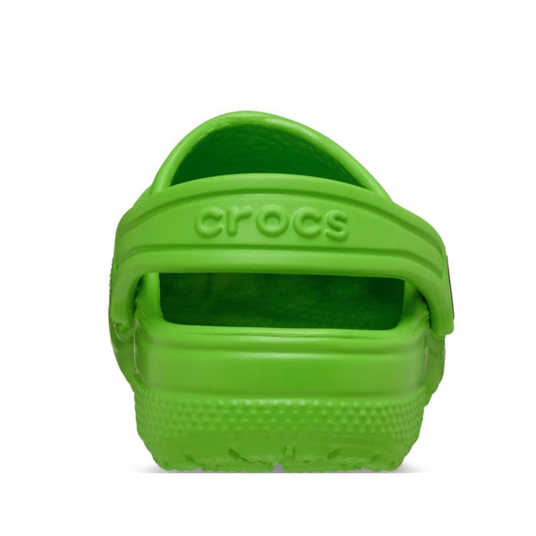 The Crocs Kids Toddlers Classic Clog in Bright Green is a water-friendly toddler shoe shown from the back, highlighting the heel strap with "crocs" embossed against a white background., 49816, 49817, 49818, 49819, 49820, 49821, 49816, 198445337109, 198445