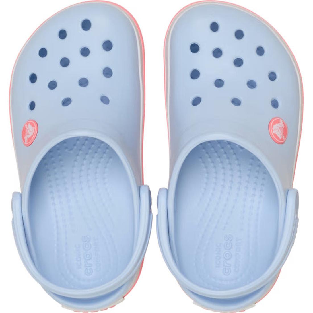 The Crocs Kids Toddlers Crocband Clogs in Blue Frost/Guava feature perforated tops, pink racing stripe soles, adjustable back straps, and side logos—ideal for all-day comfort., 49786, 49782, 49783, 49784, 49785, 49786, 198445341168, 198445341175, 19844534