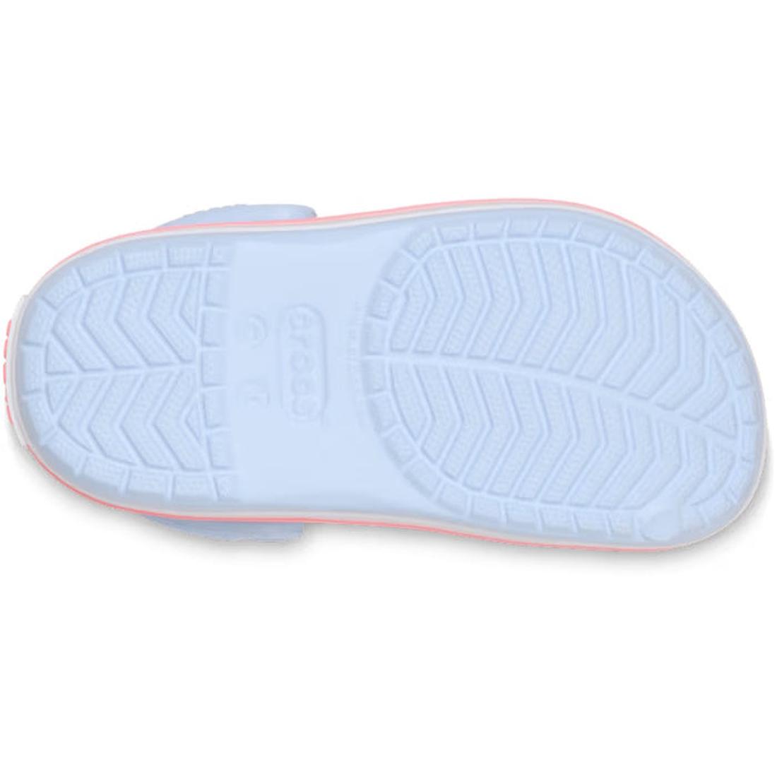 The image shows the sole of Crocs Kids Toddlers Crocband Clogs in Blue Frost/Guava, featuring a textured non-slip tread, central Crocs logo, and a stylish racing stripe for comfort and appeal., 49786, 49782, 49783, 49784, 49785, 49786, 198445341168, 19844