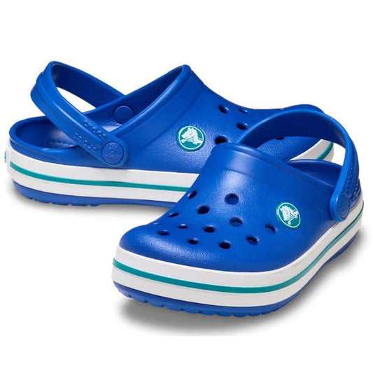 Crocs Kids Toddlers Crocband Clogs in Blue Bolt and Turbo Teal feature white and teal striped soles, ventilation holes on top, and adjustable heel straps.