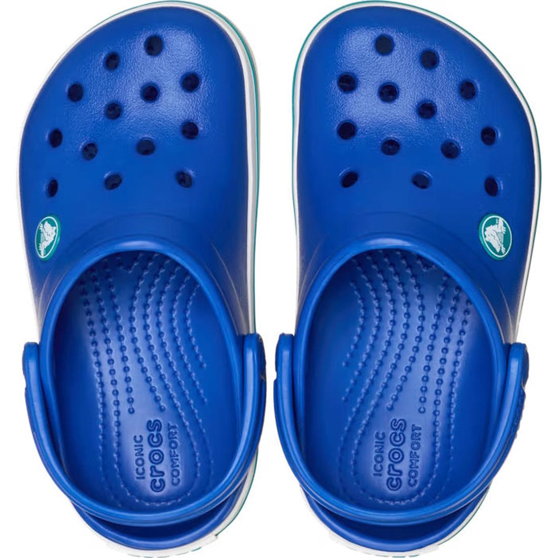 A pair of Crocs Kids Toddlers Crocband Clogs in Blue Bolt Turbo Teal, featuring ventilation holes and adjustable heel straps, are viewed from above with the Crocs logo visible on each side., 49792, 49793, 49794, 49795, 49796, 198445353277, 198445353284, 1