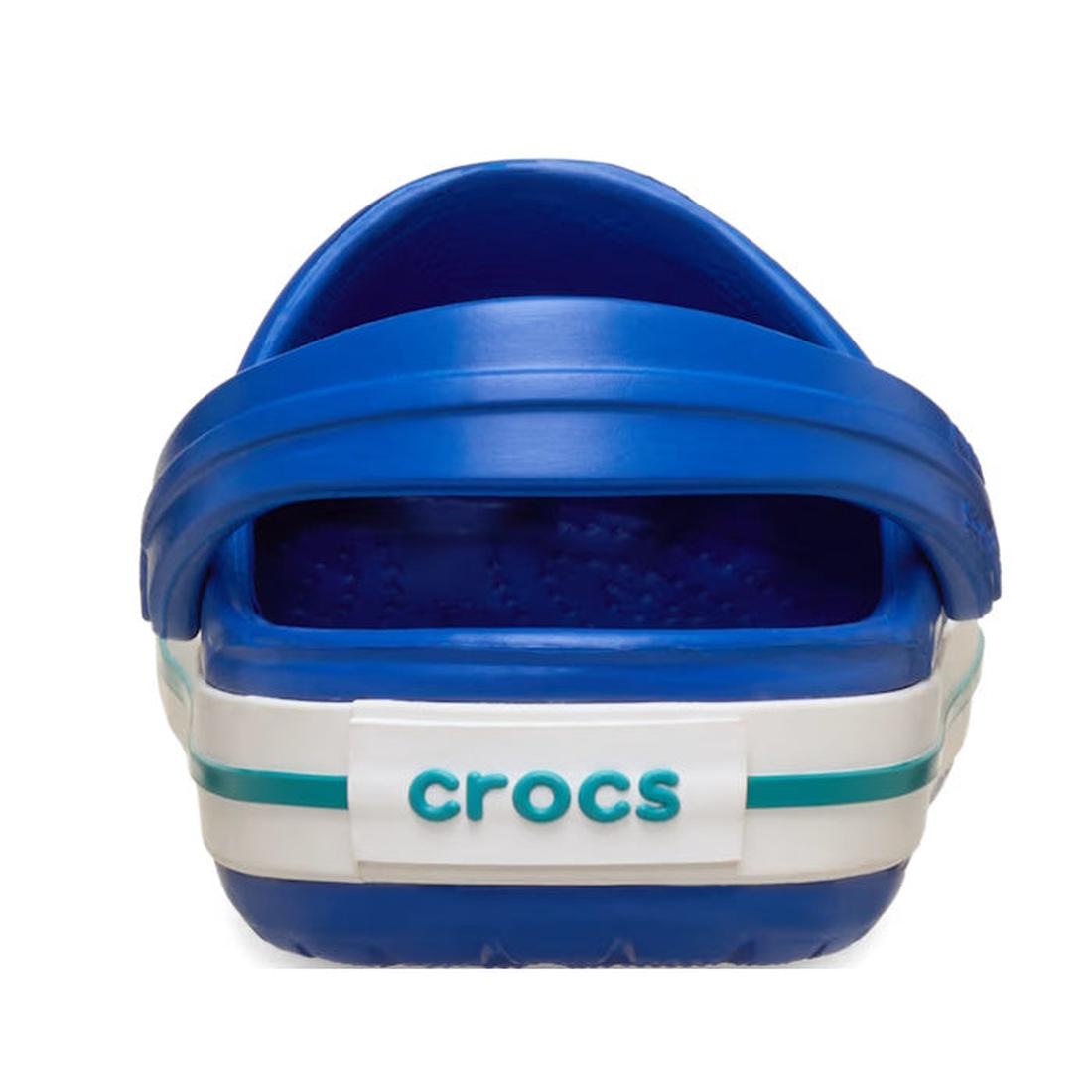 A back view of the Crocs Kids Toddlers Crocband Clogs in Blue Bolt Turbo Teal, showing a white and teal stripe on the sole and "crocs" displayed on a white panel above the heel., 49792, 49793, 49794, 49795, 49796, 198445353277, 198445353284, 198445353291,