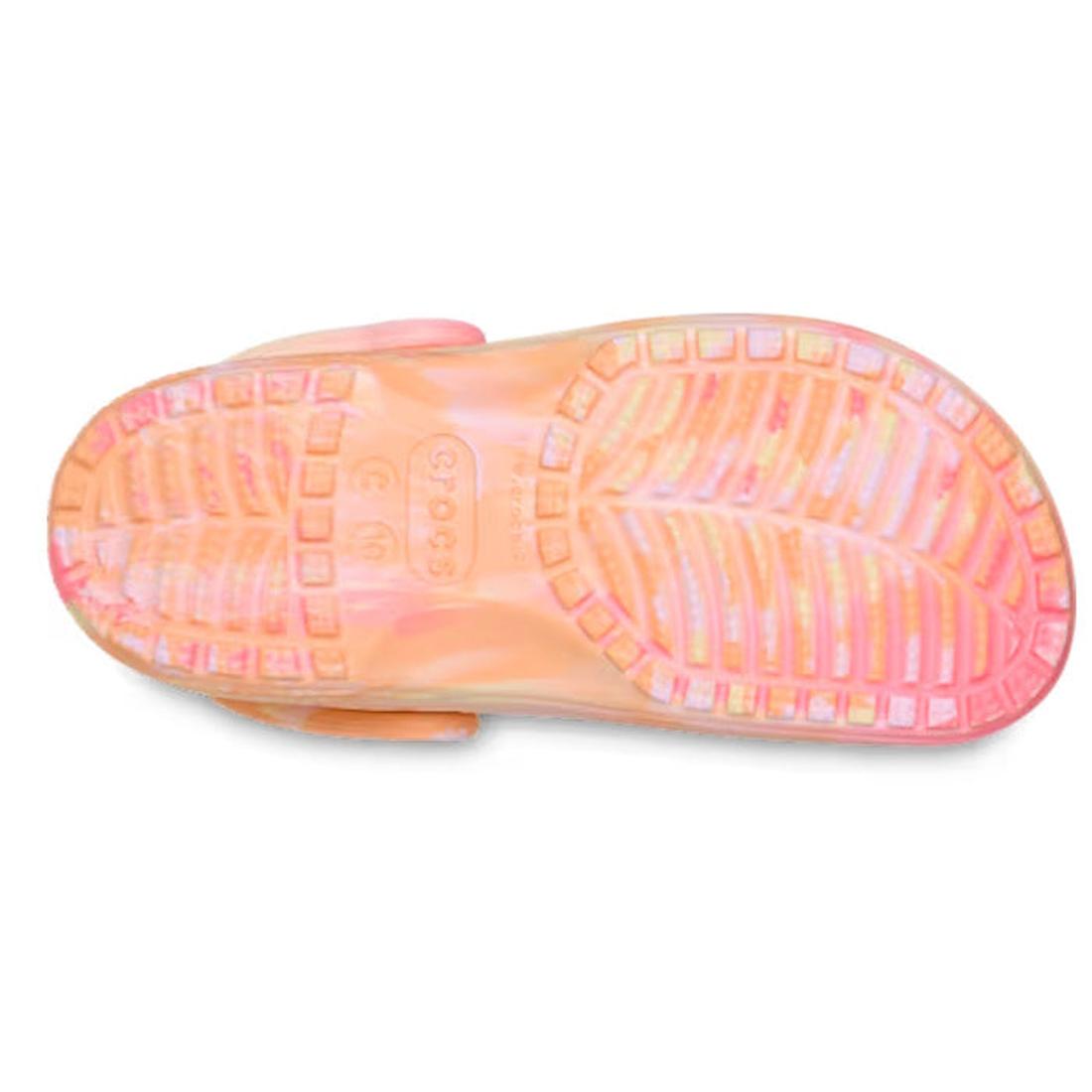 Bottom view of the Crocs Kids Toddlers - Classic Clog K Marbled Guava Pink Multi, featuring a translucent, textured tread and visible Crocs logo—ideal for fans of marbled clogs and stylish kids’ sandals., 49874, 198445341021, 198445341038, 198445341045, 1