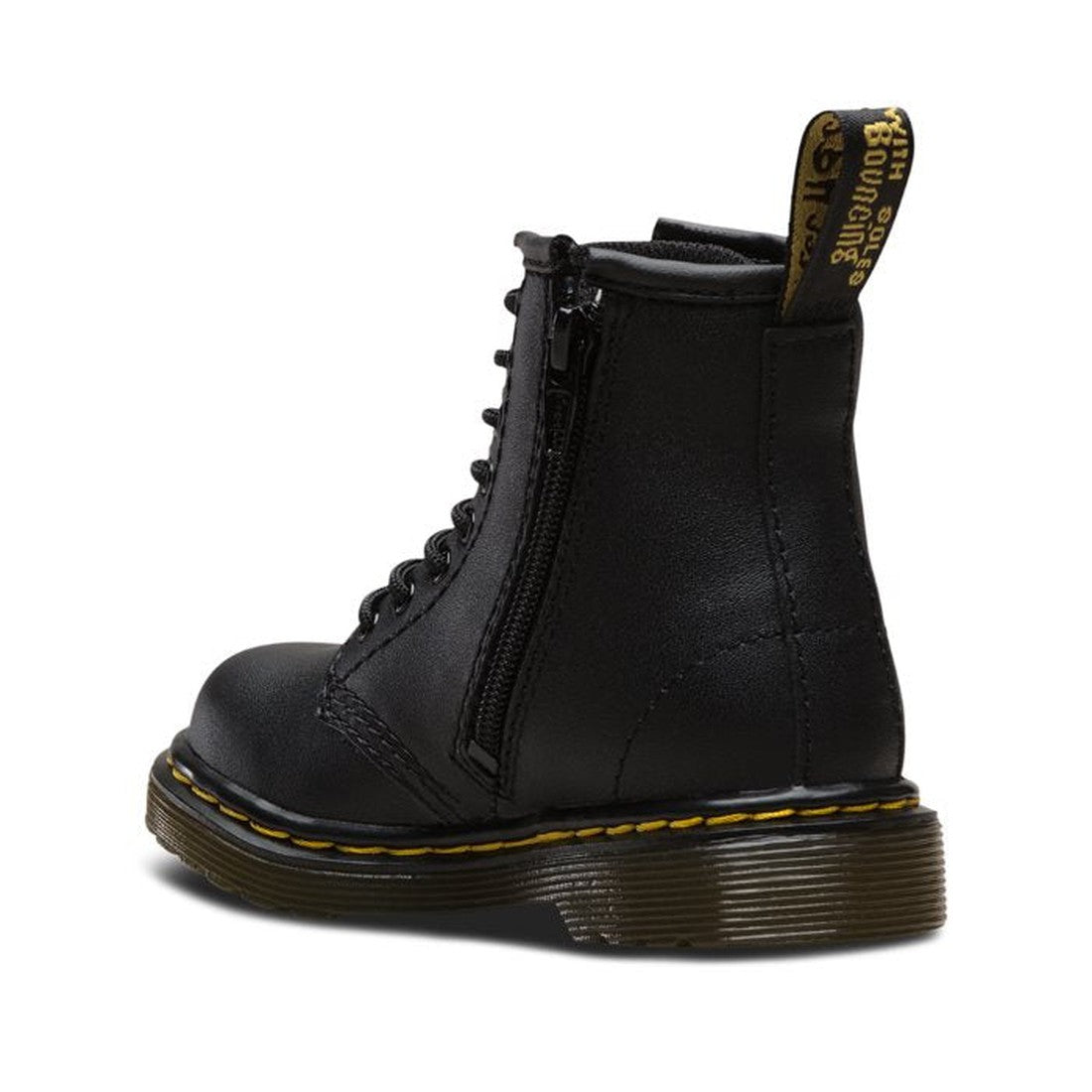 The Dr Martens kids - 1460 Toddlers Black lace up boot features Softy T leather, a side zipper, yellow stitching on the sole, a yellow and black pull tab at the back, and a thick translucent brown sole for classic style., 883985596979, 883985596986