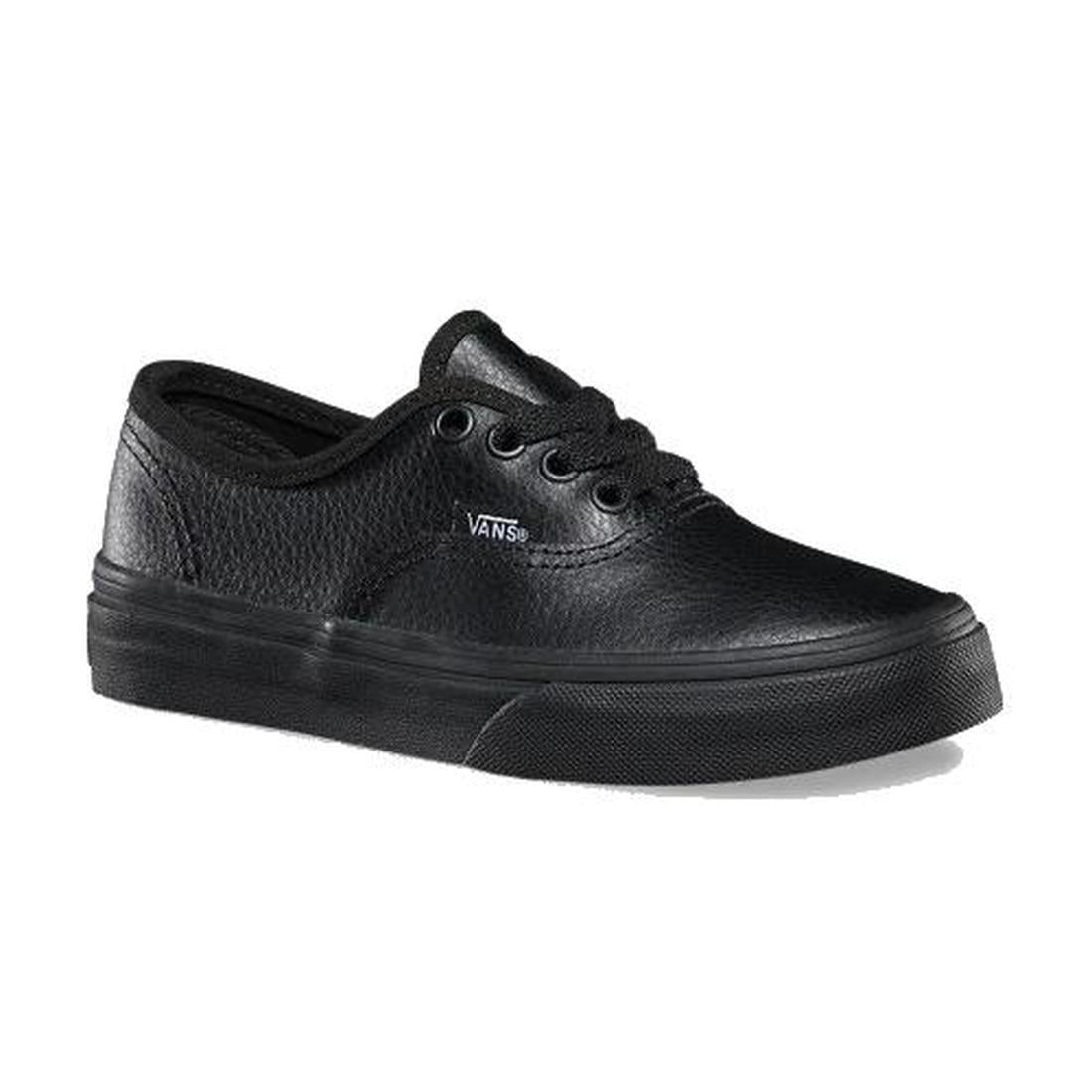 Vans Authentic Kids Leather Black: comfortable kids’ low-top sneaker with textured black leather, lace-up closure, and durable rubber sole.  ksnz