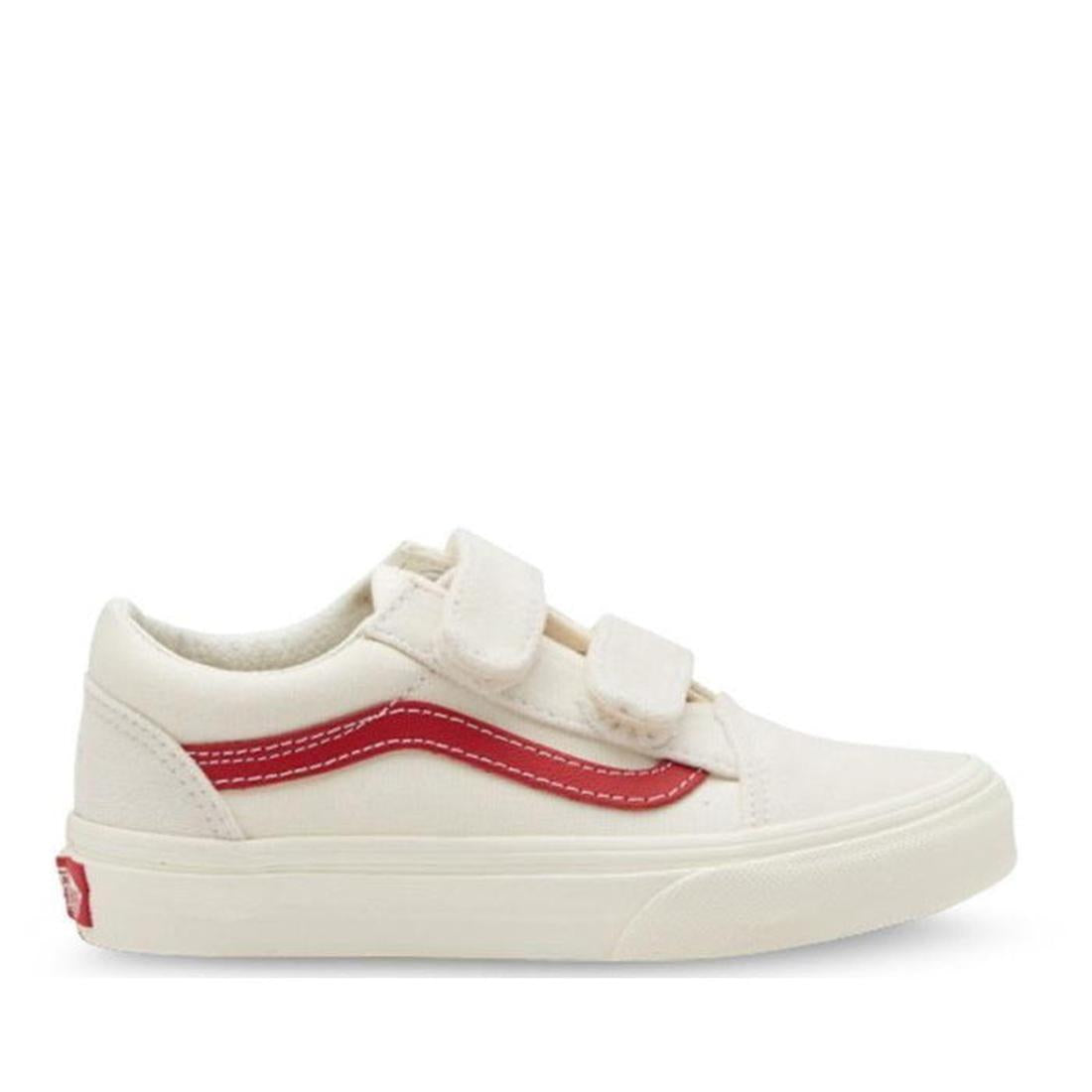 Vans Kids Old Skool V sneaker in Marshmallow/Racing Red with easy Velcro closure, sturdy white canvas, comfy Waffle sole, and red stripe.  ksnz