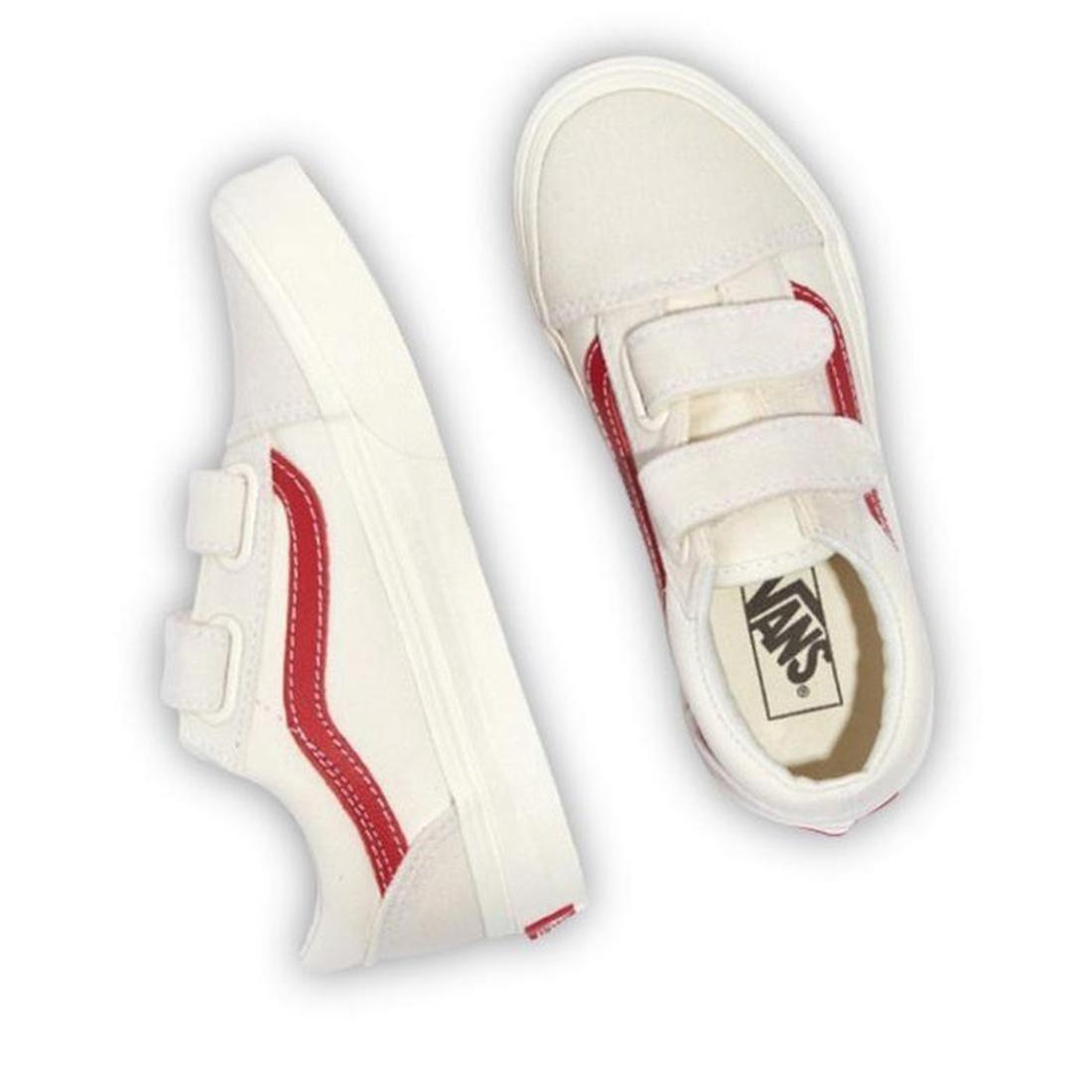Vans Kids Old Skool V Youths sneakers in Marshmallow/Racing Red, with easy Velcro straps and waffle soles, side and top views.  ksnz