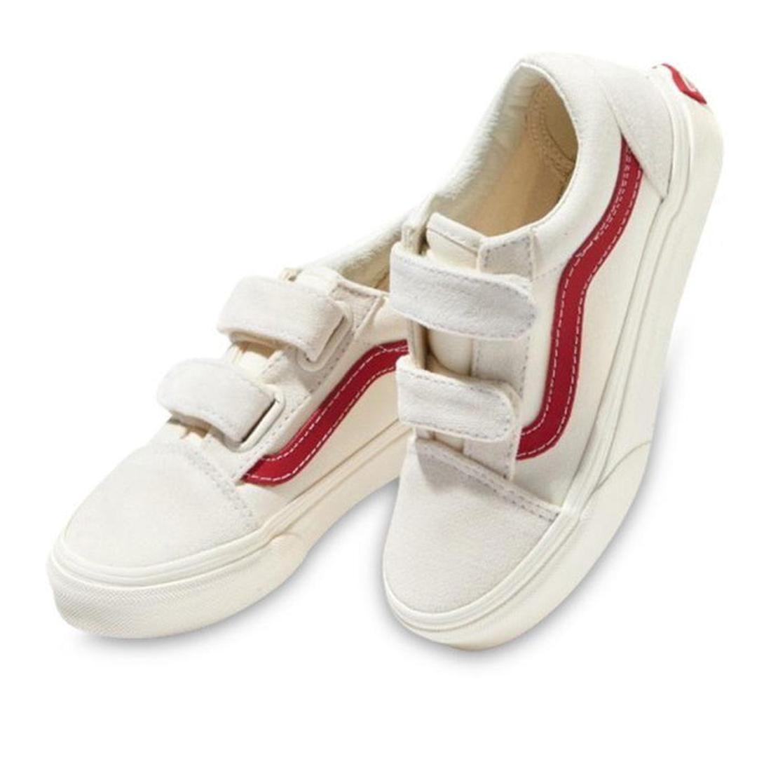Vans Kids Old Skool V Youths sneakers, Marshmallow/Racing Red, easy velcro straps, red stripes, sturdy canvas and grippy sole.  ksnz