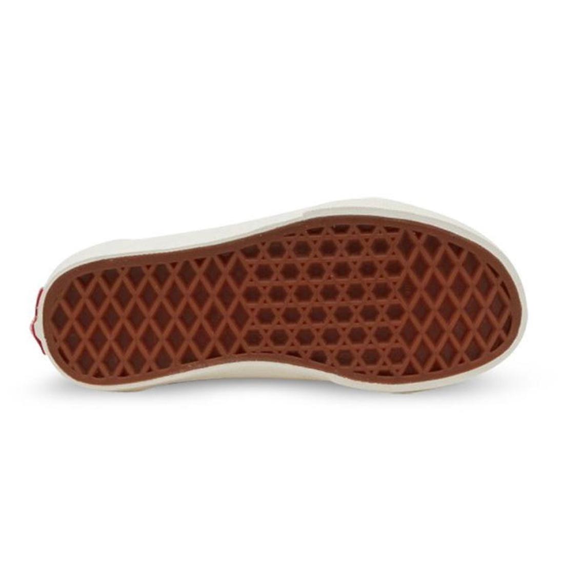 Vans Kids Old Skool V Youths in Marshmallow/Racing Red: secure Velcro closure, classic brown waffle sole, sturdy off-white trim.  ksnz