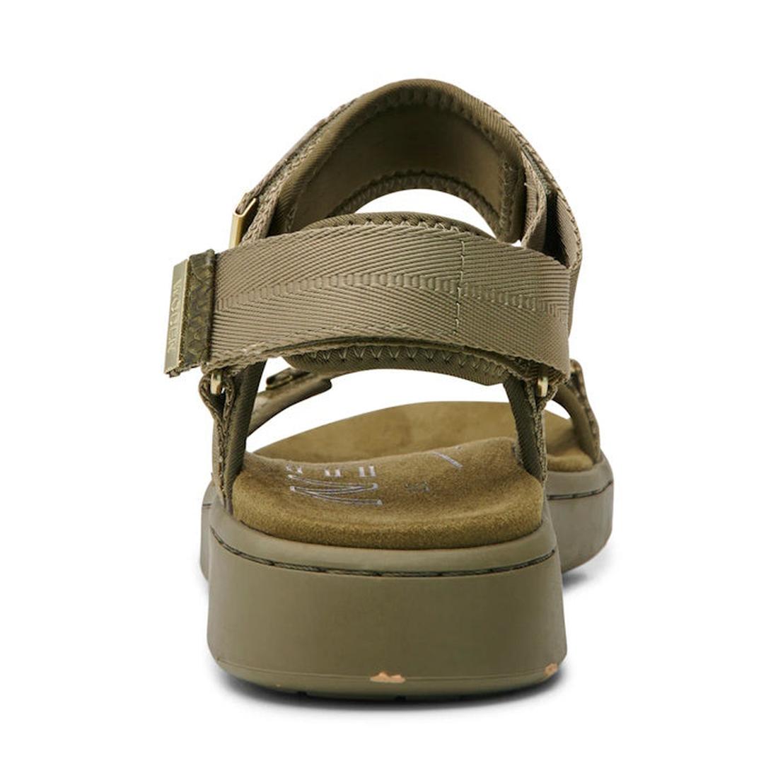 The Woden Line Women's 3 Strap Sandal in Dark Olive is shown from the back, featuring a thick sole, cushioned Natural Soft footbed, and adjustable fabric straps with visible stitching for comfort., 5713326432305, 5713326432312, 5713326432329, 571332643233