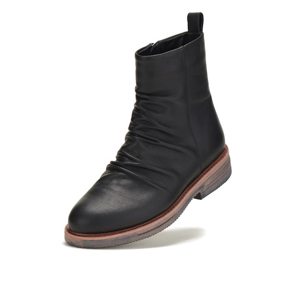 The Rollie Womens Ankle Black Leather Boot Side Zip Rise Artisan features black leather with a metal side zip, slightly wrinkled texture, brown midsole, and a flat textured gray outsole, shown on a white background., 9339554339214, 9339554339221, 93395543