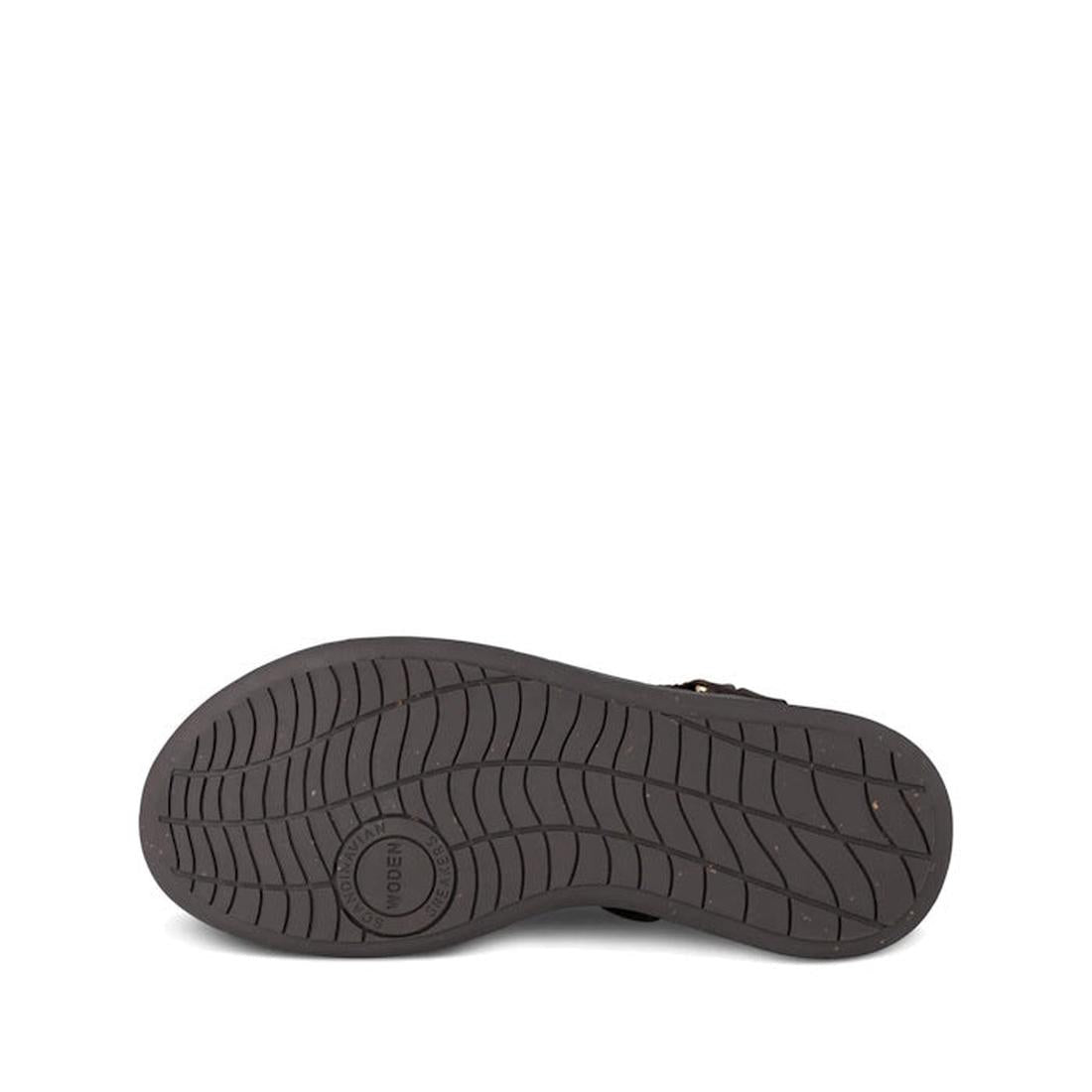 The image shows the sole of the Woden Line Women's 3 Strap Sandal in chocolate brown, featuring a textured, wavy tread pattern and a circular logo near the heel. The sandal is displayed against a plain white background., 48196, 5713326592511, 571332659252