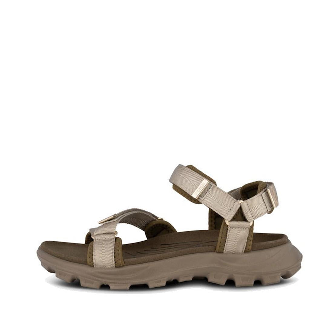 The Woden Sandie Women's Chunky Sandal Stone is a beige hiking sandal with durable materials, adjustable straps, a rugged textured sole, and a cushioned footbed, shown in side profile against a white background., 48636, 5713326607703, 5713326607710, 57133