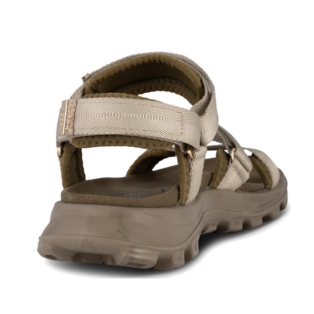 The Woden Sandie Women's Chunky Sandal in Stone, shown from the back, features a textured tread sole, padded footbed, and adjustable hook-and-loop straps around the heel and ankle for a secure fit., 48636, 5713326607703, 5713326607710, 5713326607727, 5713
