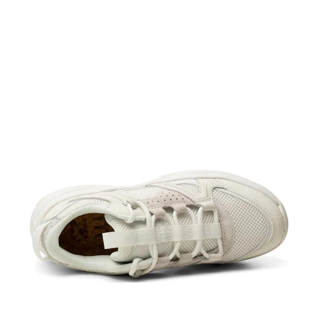 A top view of the Woden SIF Reflective Women's Sneaker in Blanc de Blanc White shows mesh and suede panels, white laces, reflective details, a brown insole, and is displayed on a plain white background., 36107, 5713326428612, 5713326428629, 5713326428636,