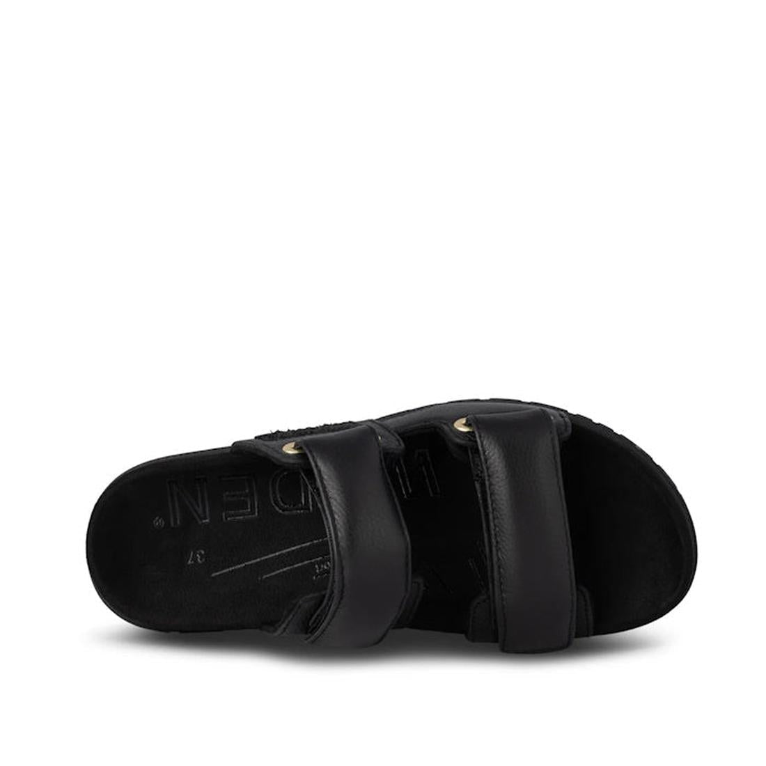The Woden Lisa Women's Leather 2 Strap Sandal in black features chunky buckle straps and a contoured anatomical footbed, shown from above on a white background., 5713326518276, 5713326518283, 5713326518290, 5713326518306, 5713326518313, 3935713326518320, 