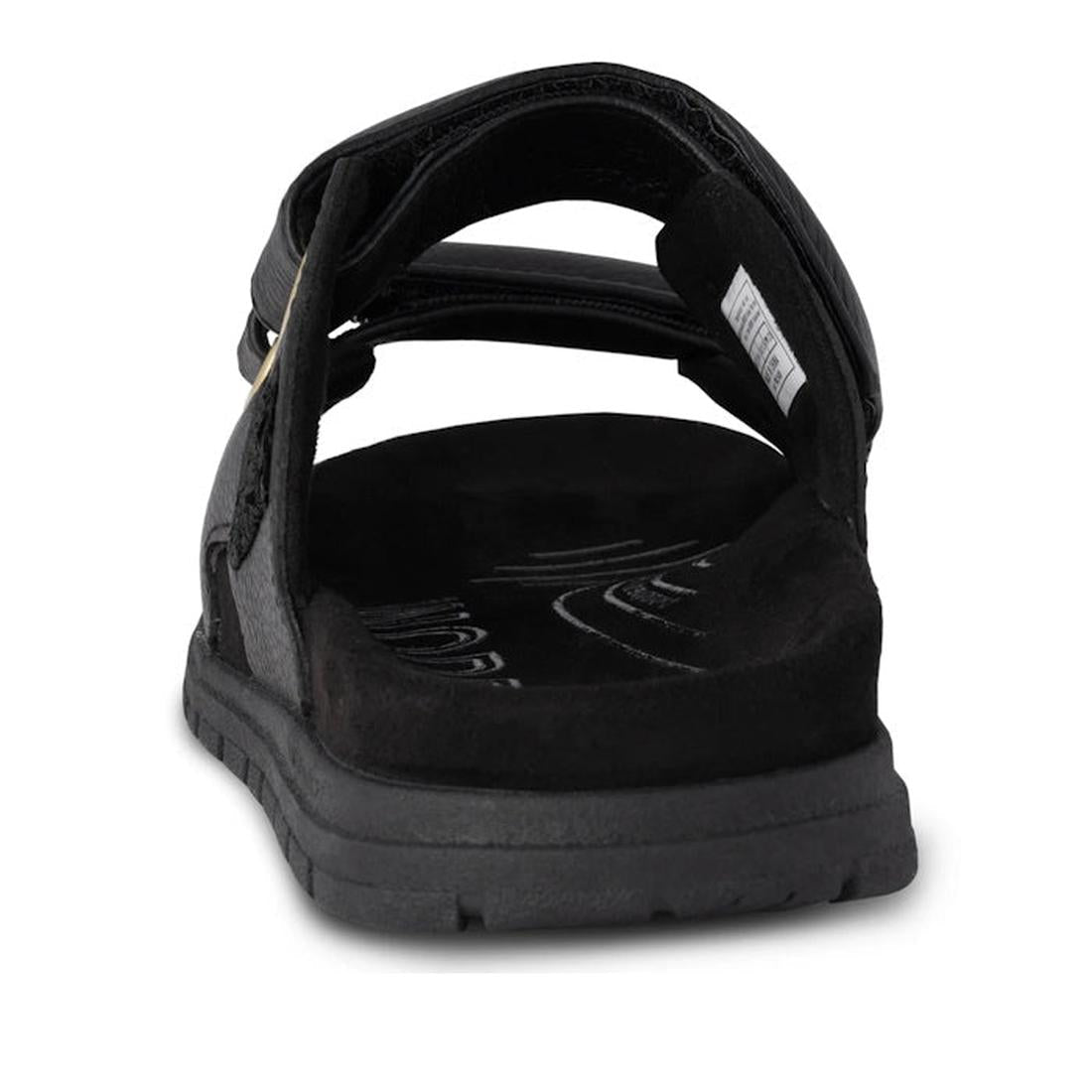 Rear view of the Woden Lisa Women's Leather 2 Strap Sandal in black, featuring chunky buckle straps, thick sole, anatomical shaped footbed, and adjustable Velcro, displayed against a white background., 5713326518276, 5713326518283, 5713326518290, 57133265
